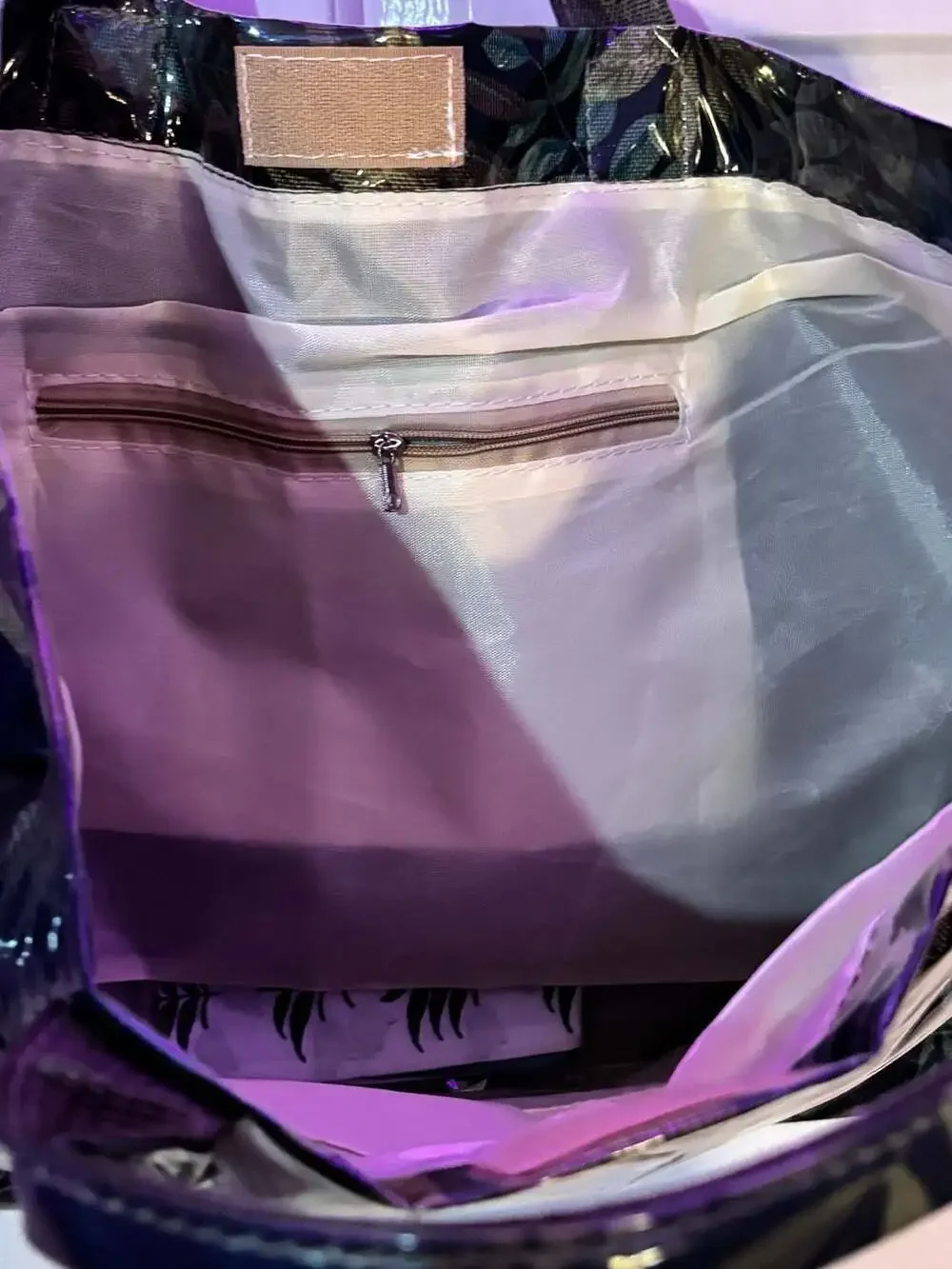 Waterproof PVC Leaf Print Large Capacity Tote Bag with Zipper Pocket